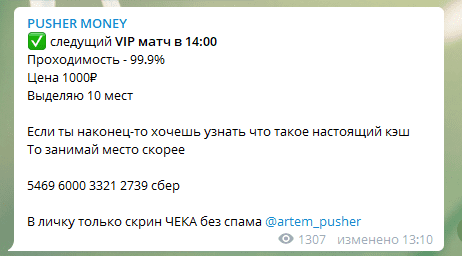Ценовая политика Телеграм канала Пушер Дарит (Пушер Мани)