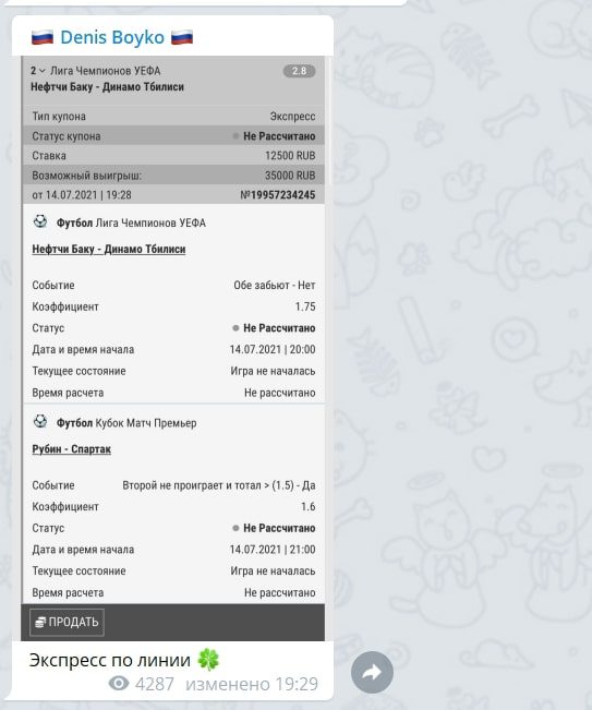Телеграмм канал Дениса Бойко - статистика проходимости прогнозов