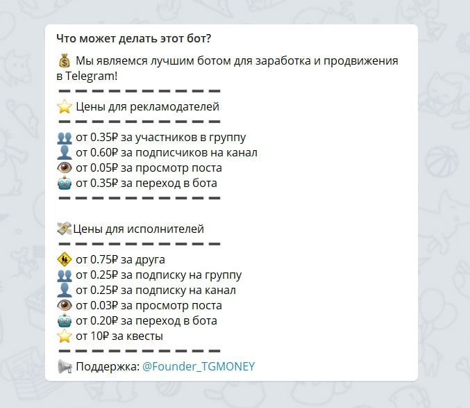 Бот Top TG Money - стоимость услуг проекта