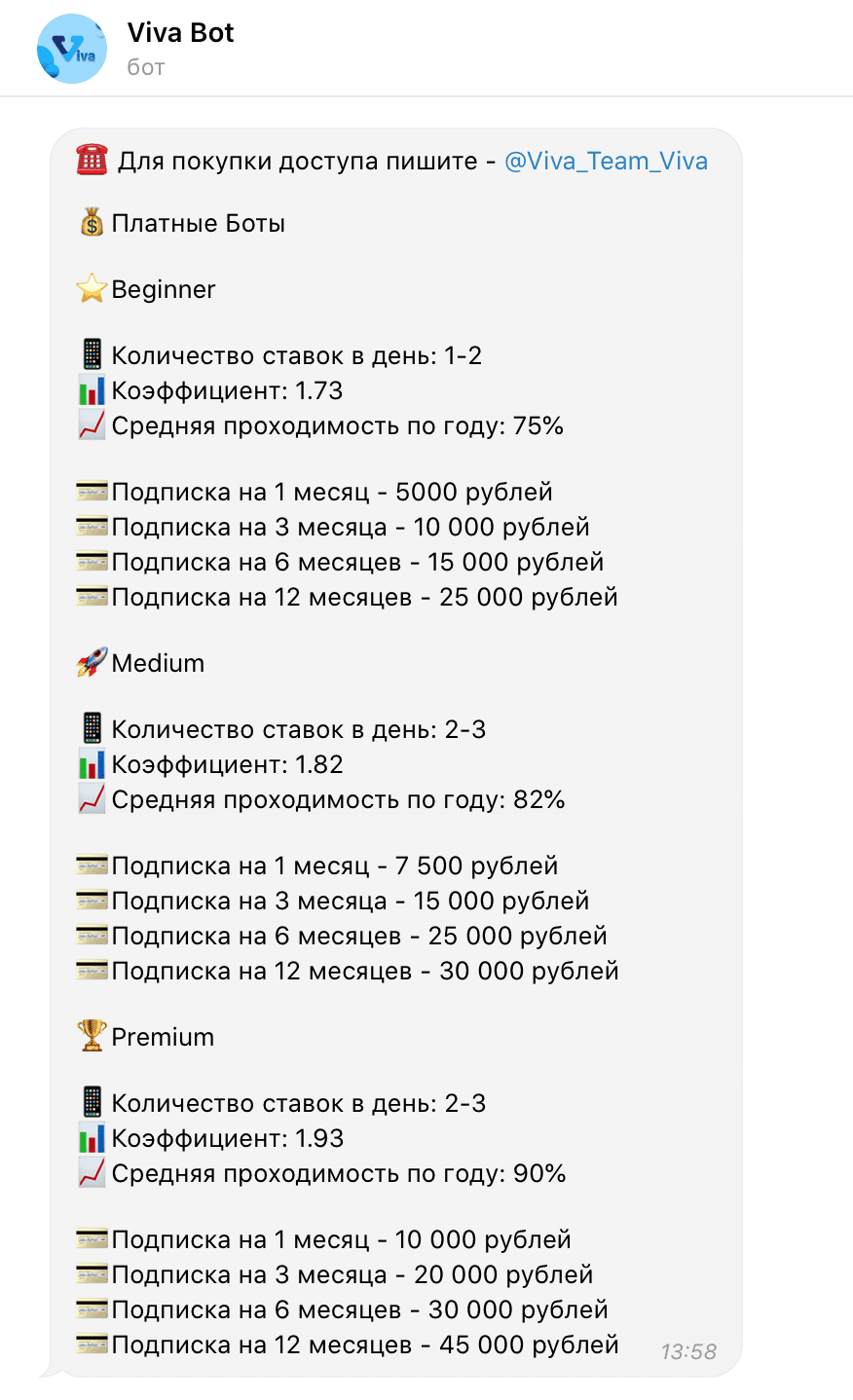 Цены на подписки Вива бот каппера
