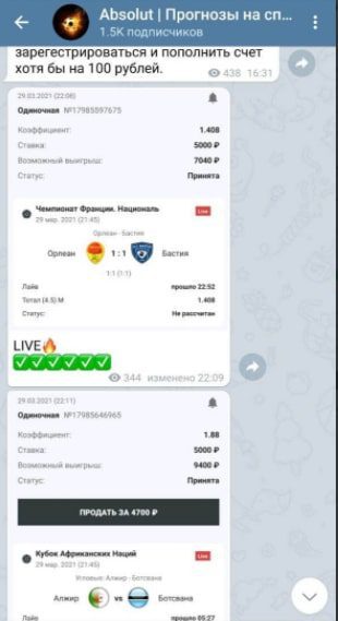 Телеграмм Absolut - прогнозы на спорт