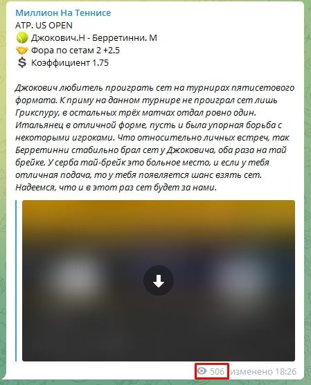 Просмотры постов Телеграмм канала Миллион на теннисе