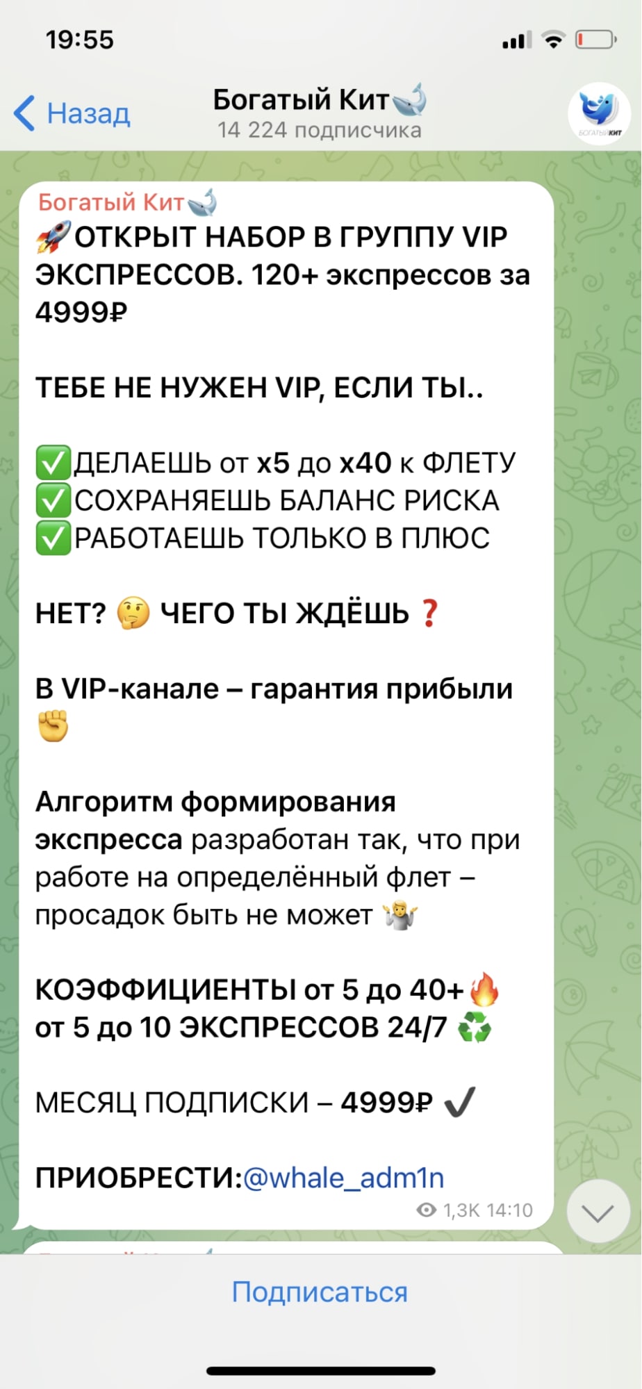 Стоимость услуг каппера Богатый Кит