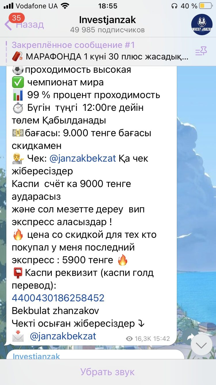 Цена услуг от каппера Бекзата Жанзакова