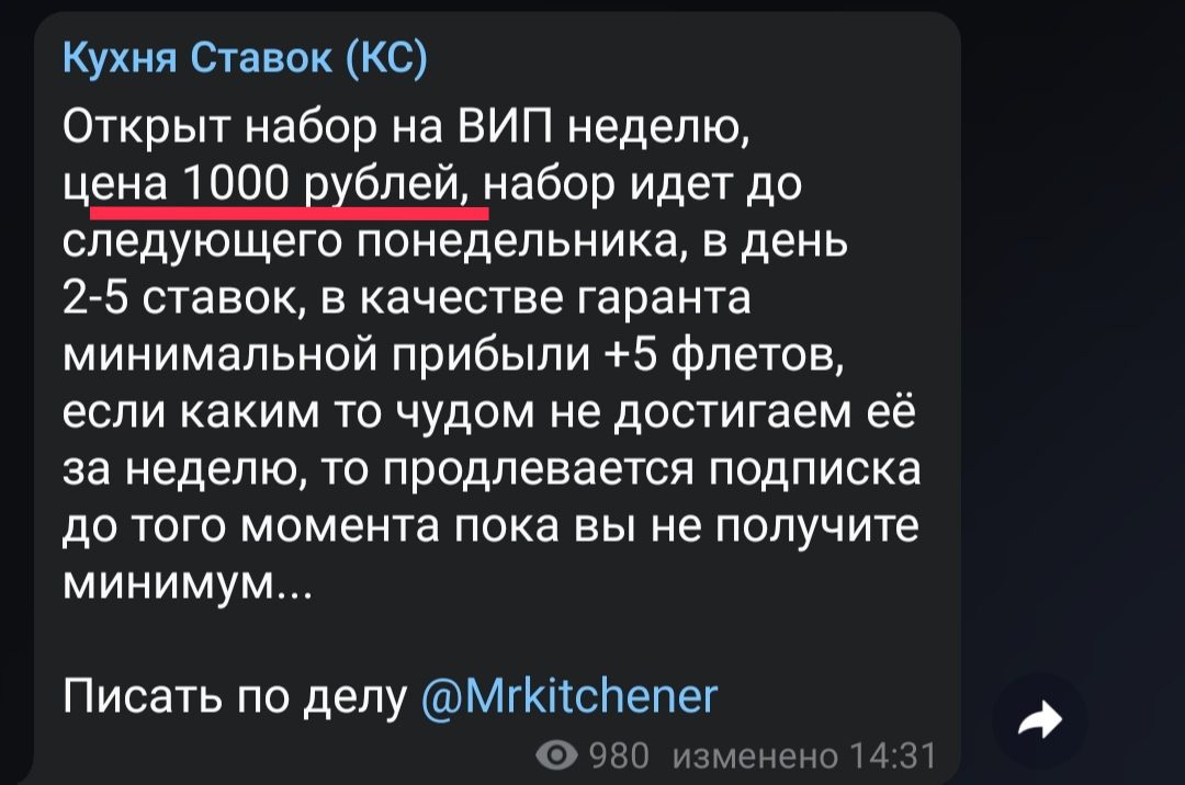 Стоимость услуг в Телеграмм Кухня Ставок