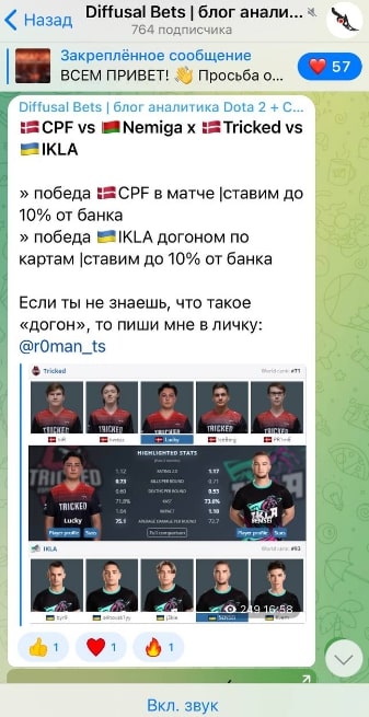 Телеграмм канал DIFFUSAL BETS прогнозы